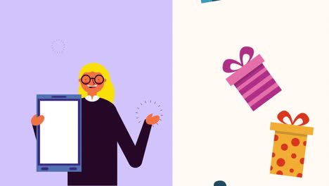 joven mujer de negocios con teléfono inteligente y regalos