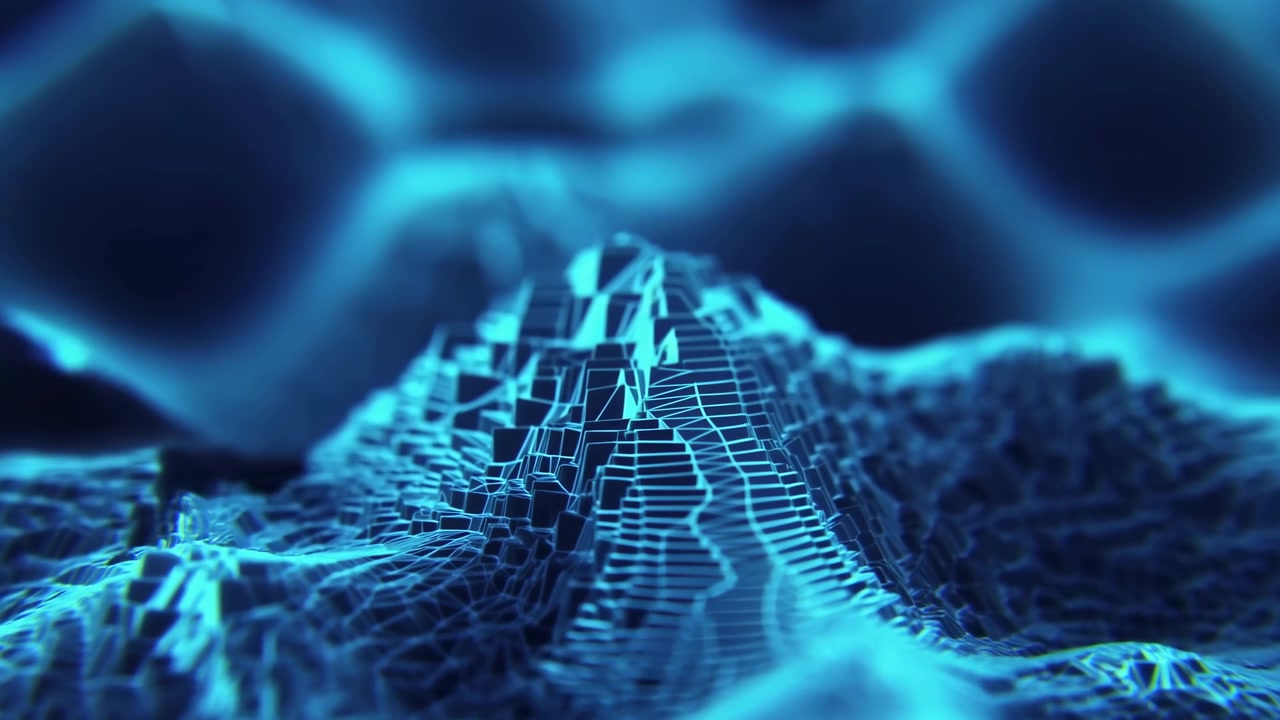 Animated blue wireframe landscape displays layered terrain shapes and illuminated grid lines as perspective shifts across abstract digital surface with dark background and glowing contours.
