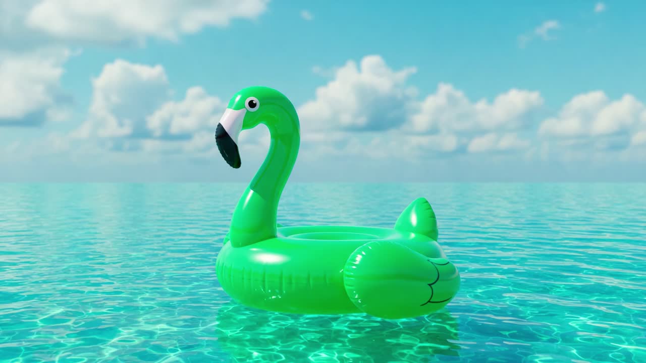 Vibrant Green Inflatable Flamingo Floating Serenity on Crystal Clear Water with a Peaceful Sky in the Background, Perfect for Relaxing Summer Days and Fun Poolside Adventures