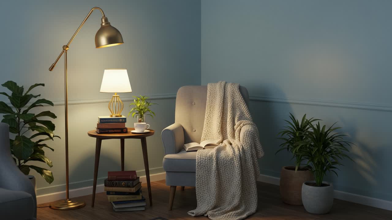 A Cozy Reading Nook: Embrace Comfort with an Inviting Armchair, Soft Blanket, and Warm Lighting for Relaxation and Leisure Activities in a Calm Atmosphere