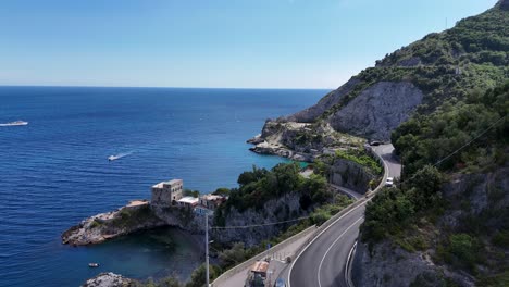 Aerial-View-Over-Amalfi-Coast-Surrounded-By-The-Tyrrhenian-Sea,-Mountains,-Coastal-roads,-Italy,-Europe