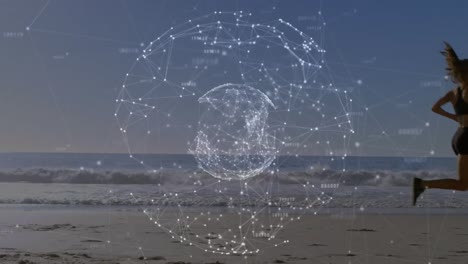 Animation-of-networks-of-connections-with-globe-over-caucasian-woman-running-on-beach