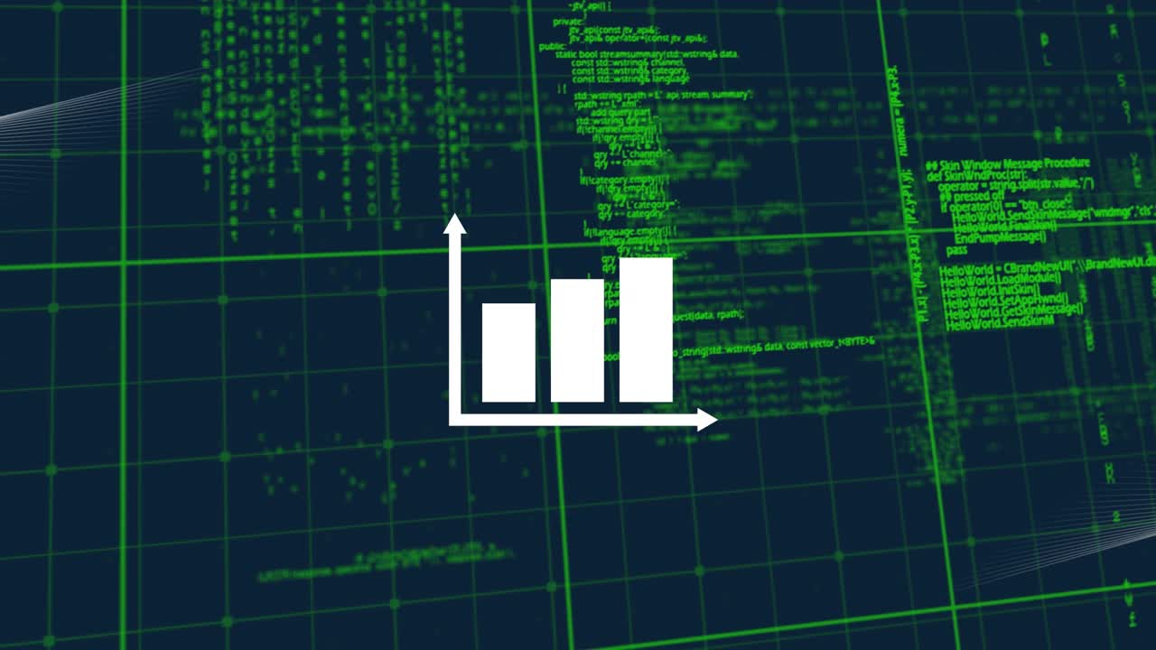 Animation of statistics and data processing on black background