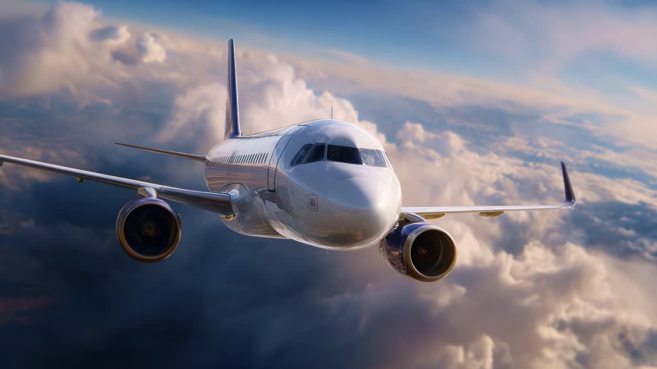 Uma vista impressionante de uma aeronave moderna voando acima das nuvens em um dia claro, destacando seu design elegante e recursos aerodinâmicos em céus vibrantes