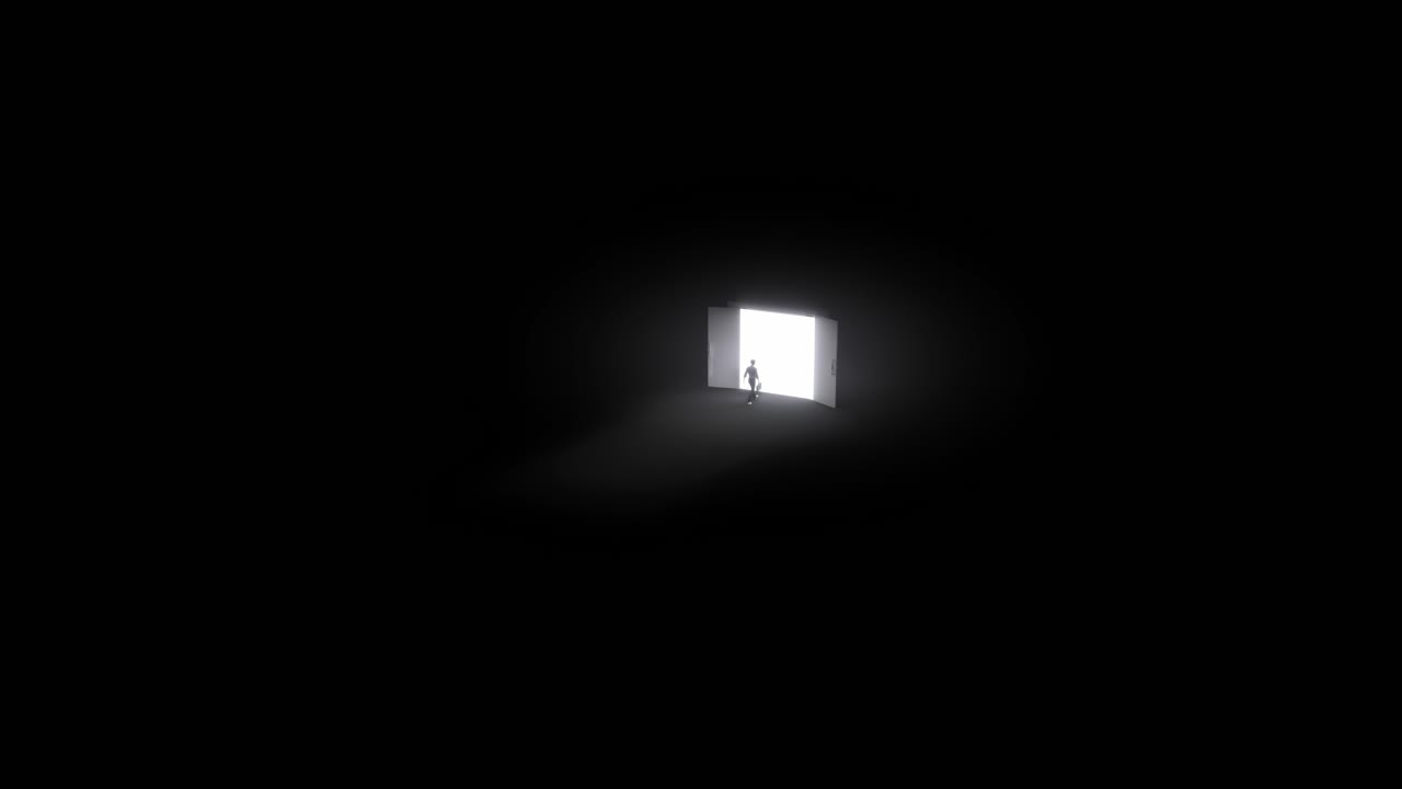Muž kráčející ke dveřím s jasným světlem v tmavé místnosti.