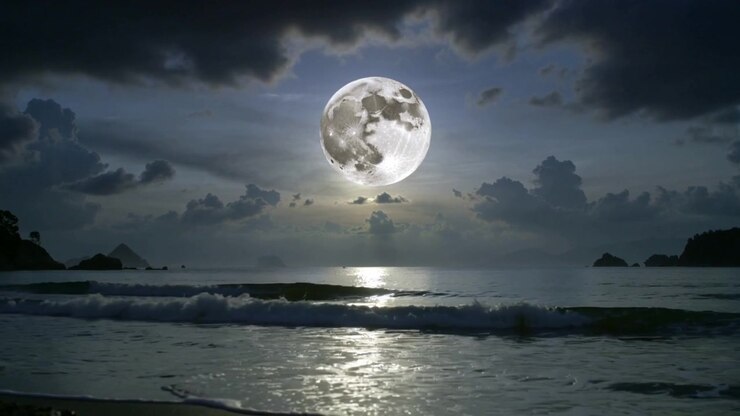 Reflexo da lua cheia se expandindo pelo mar enquanto uma pequena onda se aproxima da costa, iluminando a areia molhada