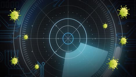 animation of covid 19 cells and scope with computer circuit board and data processing