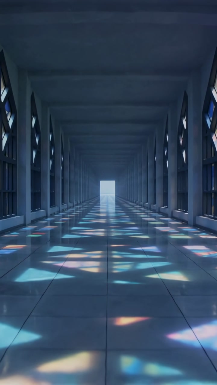 Vertical video: Moving camera through corridor, sunlight shifting colored patches on floor to exit