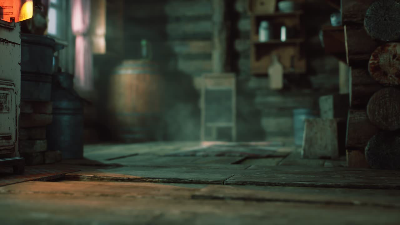 interior oscuro de una casa de troncos retro