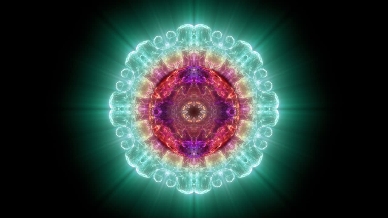 abstracto en forma de flor fractal ornamento simétrico hecho de humo, mente calmante patrones mágicos en fondo negro, bucle de animación capaz