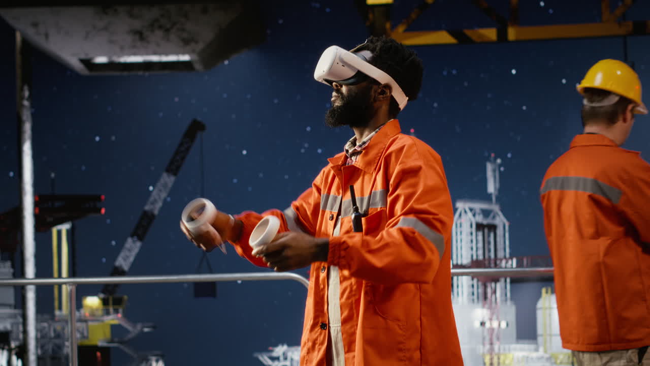 Black oil industry employee working with VR headset to visualize fuel extraction