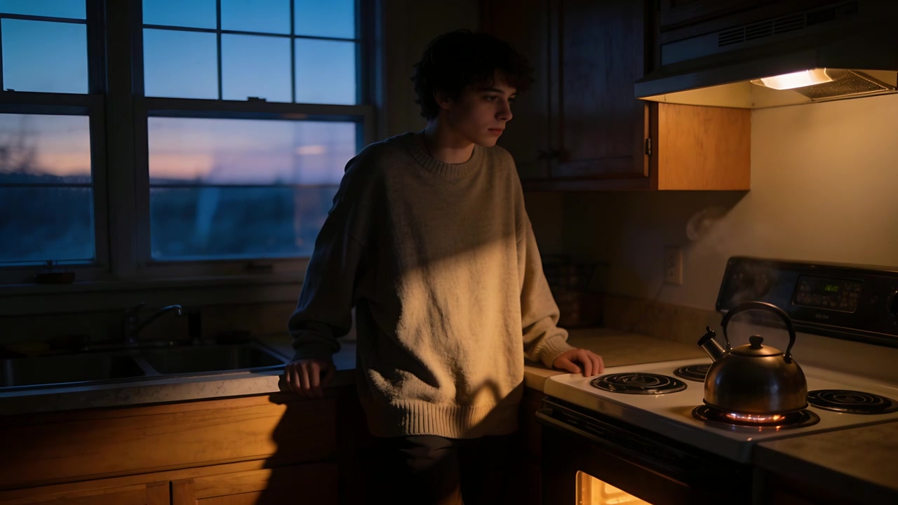 Leaning man shifting hand, checking kettle as burner starting in kitchen at dusk, oversized sweater