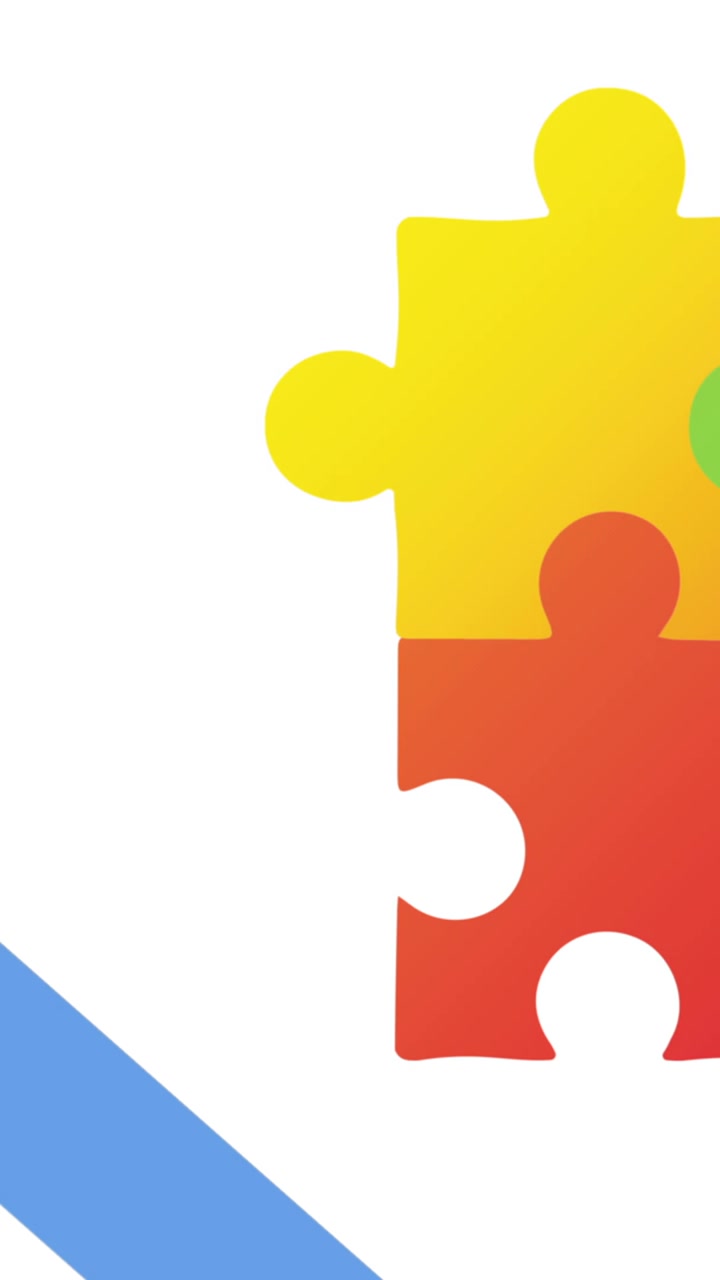 Animazione di strisce diagonali multicolori e pezzi di puzzle su sfondo bianco