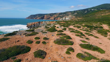 drone pintoresca naturaleza costera día soleado. océano azul salpicando bajo la costa