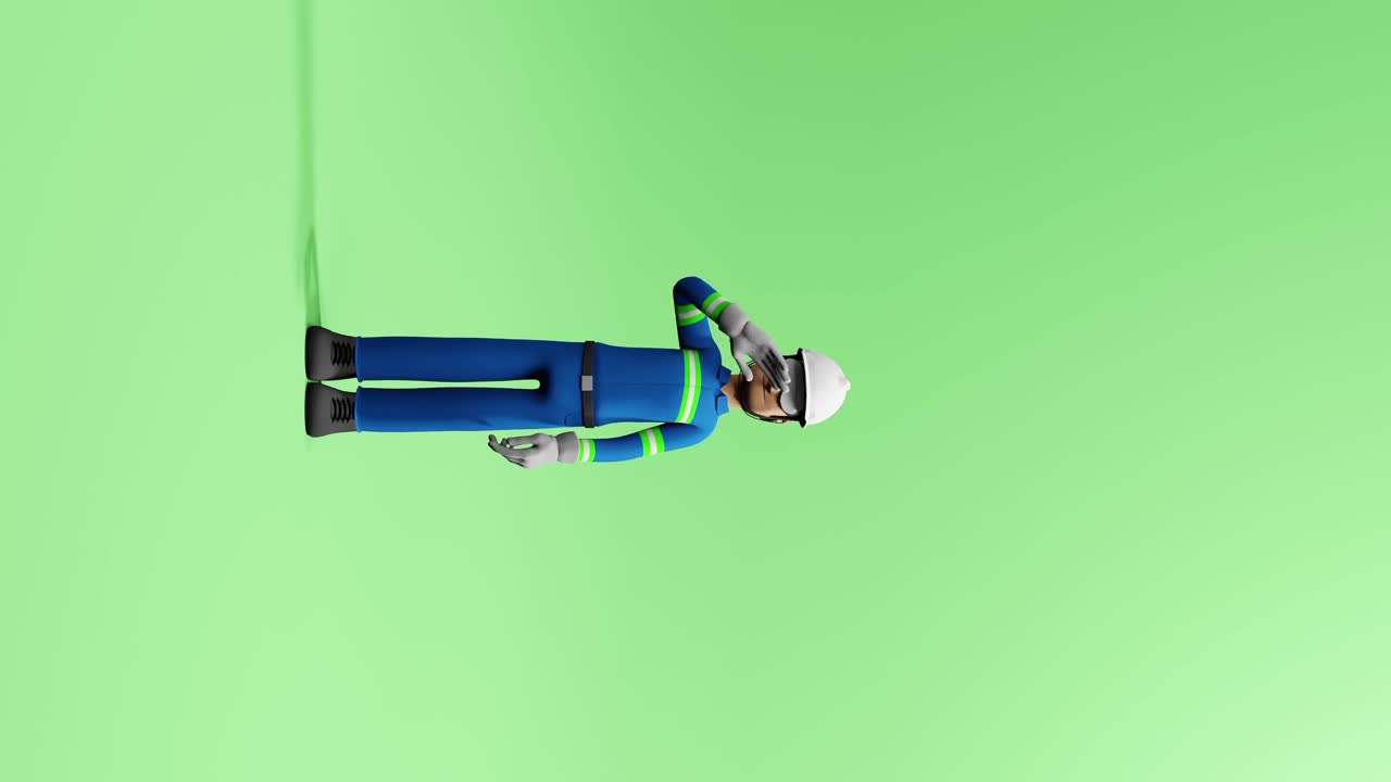 3D cartoon construction worker in blue uniform and helmet waving hand on green background. Safety and labor occupation concept. Design for banner, poster, greeting card, invitation