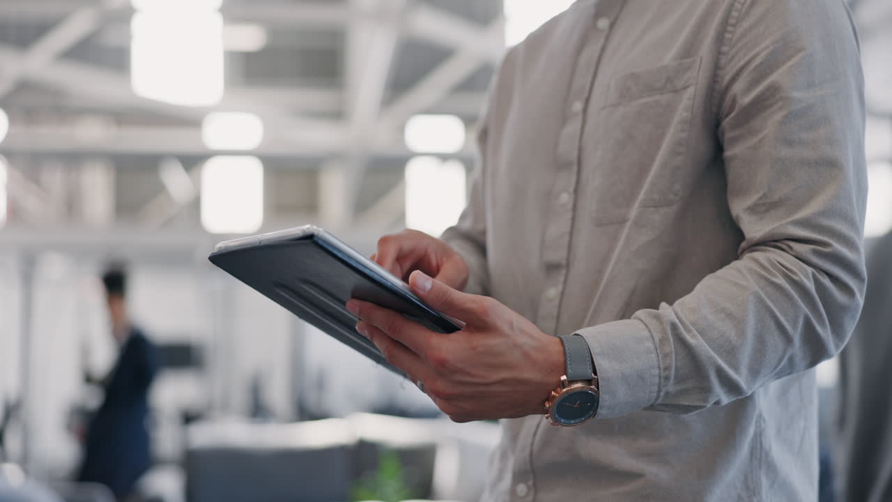 Businessman, hands and working on tablet in busy