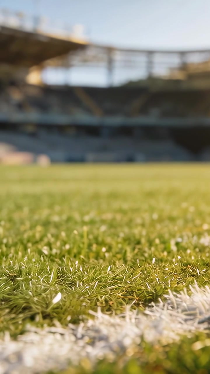 Pystysuuntainen video: Panoroiva kamera tarkentaa stadionin nurmen lehtiin, näyttäen maalatun viivan ja palasen.