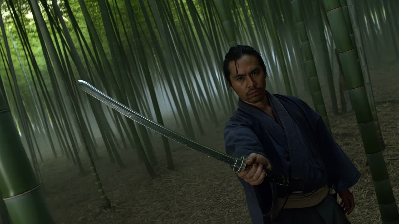 Intense Samurai in a Misty Bamboo Forest with Katana