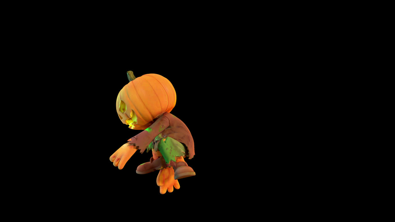 Personaggio animato con testa di zucca che cammina e cade
