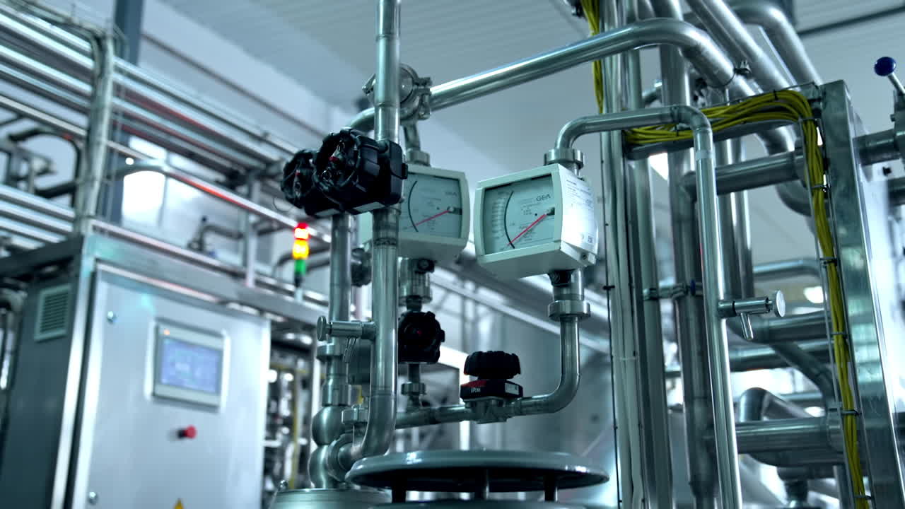 Modern technological equipment at the milk plant. Pipes with sensors leading to the tanks and engine. Close up.