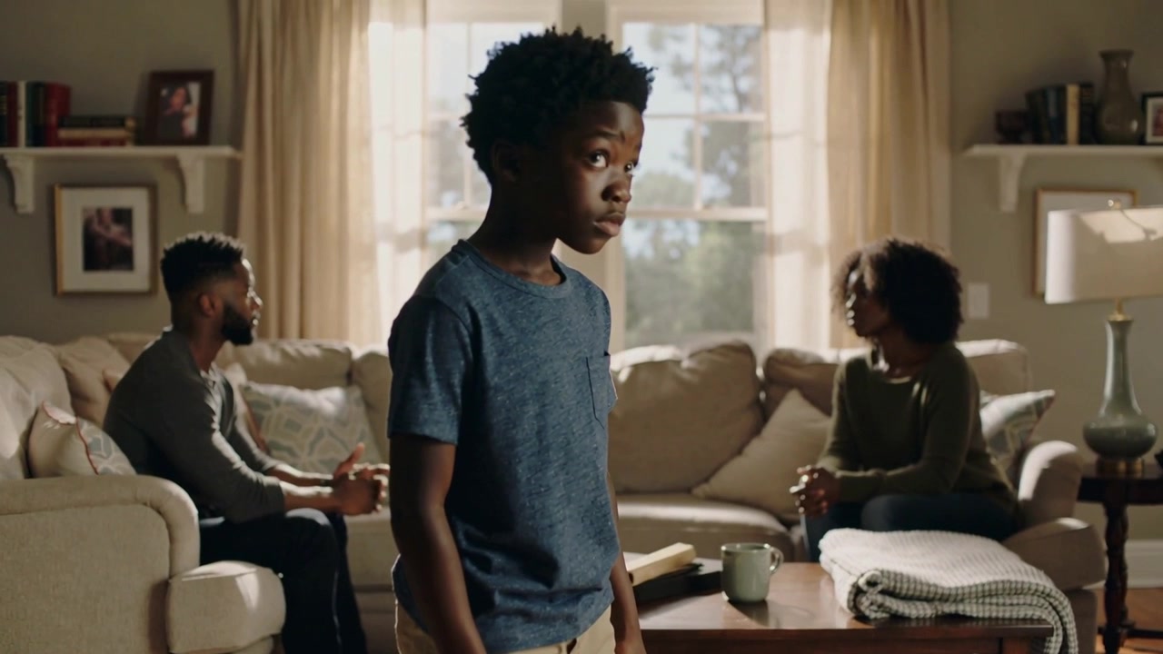 Entering teen boy in blue tee khakis walking, pausing, glancing toward parents on couch at home