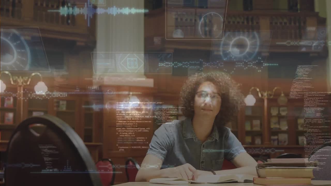 Round scanners and data processing over caucasian male student studying in library at college