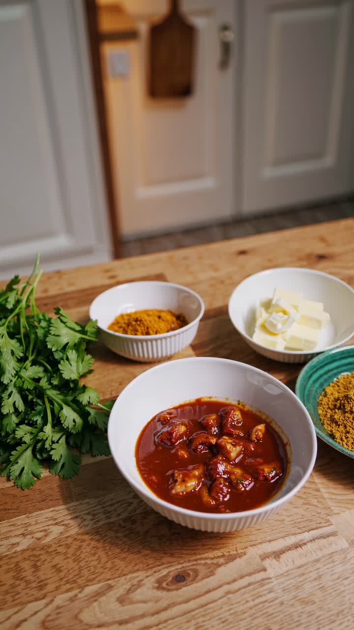 Top-down video shot of a rustic kitchen table with bowls of curry, spices, and herbs
