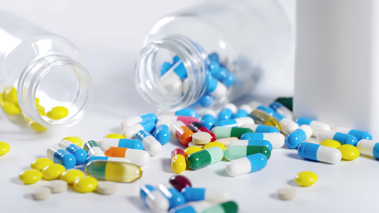 Píldoras, cápsulas, frascos y tarros farmacéuticos de colores salpicando, transmitiendo el concepto de medicación sanitaria, fármacos recetados y bienestar medicinal que representan diversos tratamientos en farmacia o botica