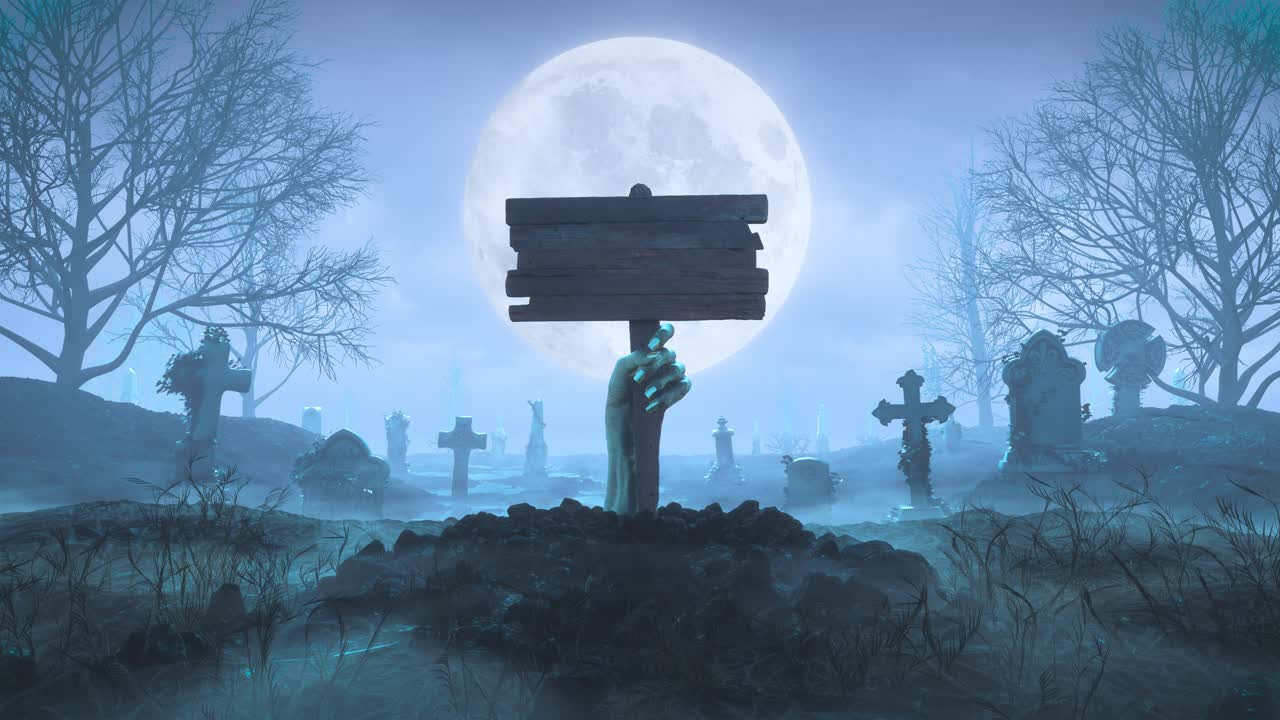 밤에는 달을 배경으로 땅 밖으로 나무 판을 가진 좀비 손