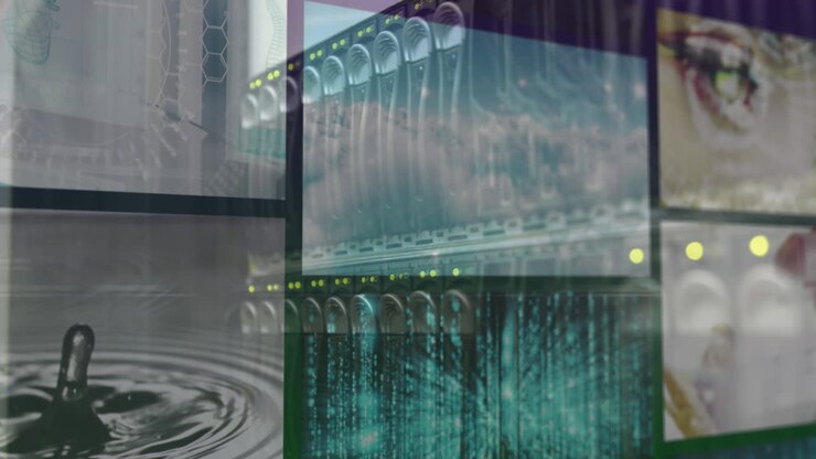 Animation of flashing lights on computer server over colourful clips playing on composite screens