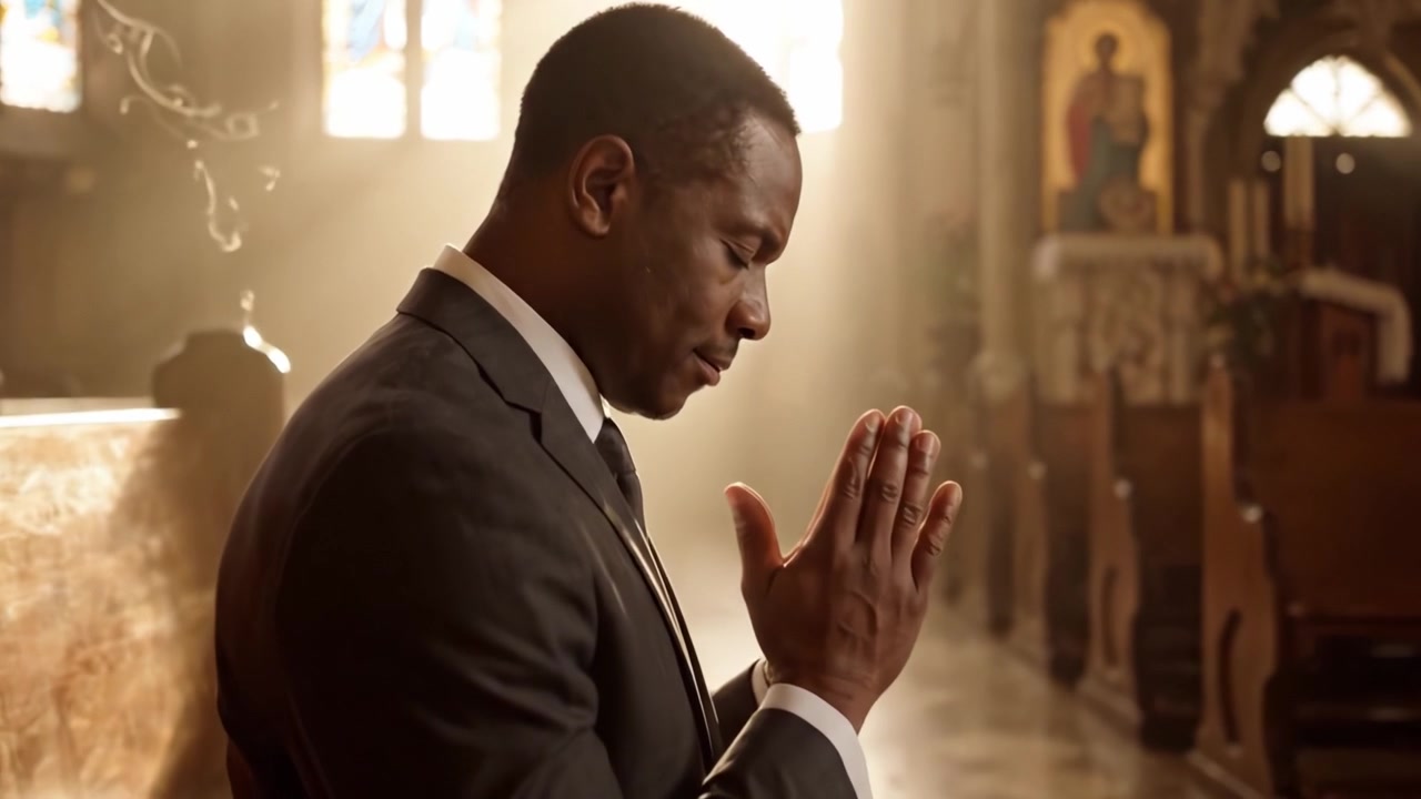 A Moment of Reflection: A Man in Formal Attire Engaged in Contemplation Inside a Serene Church, Illuminated by Soft Sunlight and Surrounded by Spiritual Atmosphere