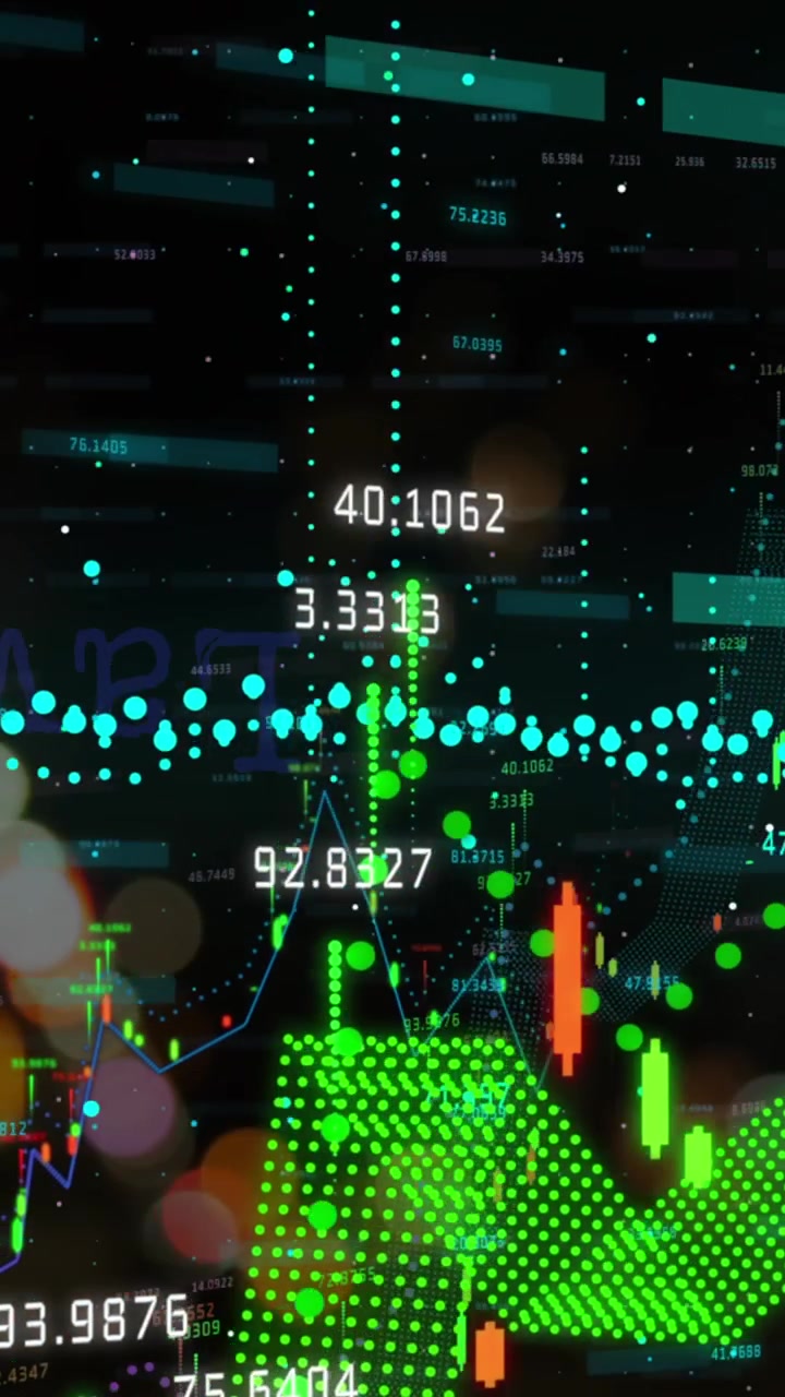 Animation of statistics and financial data processing over out of focus city road lights