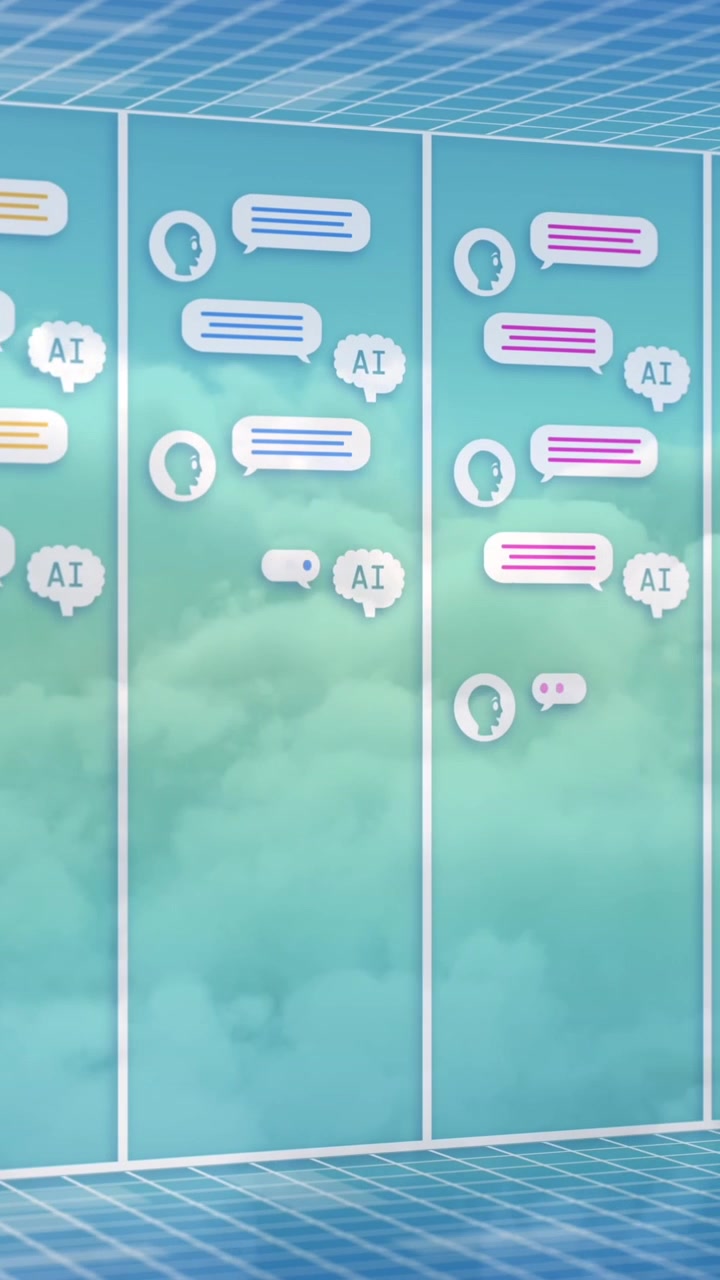 Animation af online AI-chatbehandling over skyer