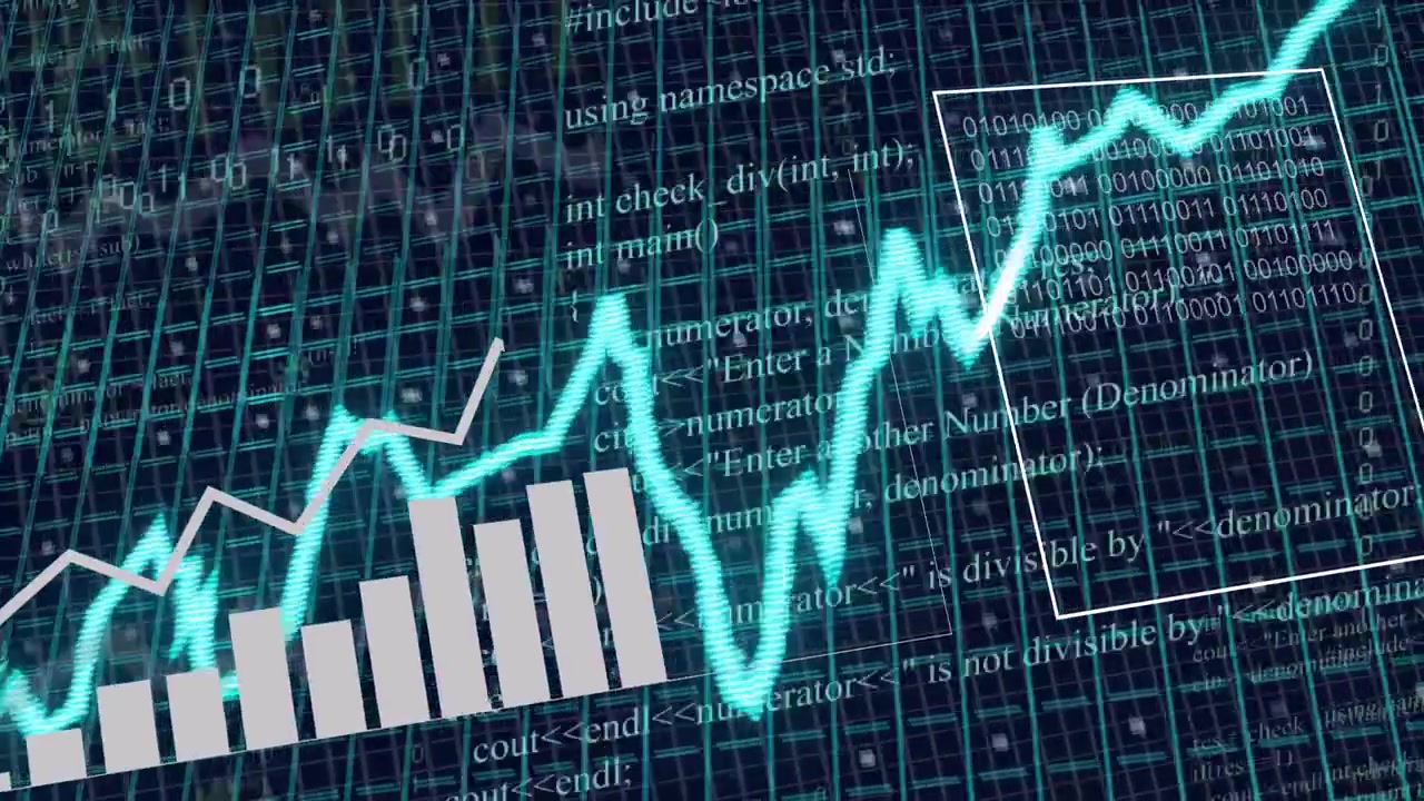 Kojelaudan elementit animoituvat datasyötteen mukana, syaanin värinen viiva nousee oikealle osoittaen nousevaa trendiä.