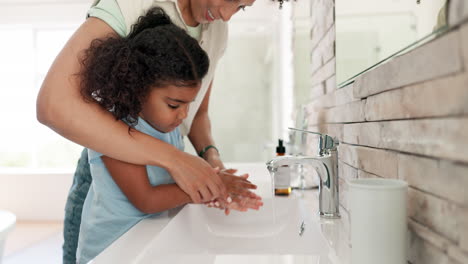 help, woman and kid washing hands in bathroom