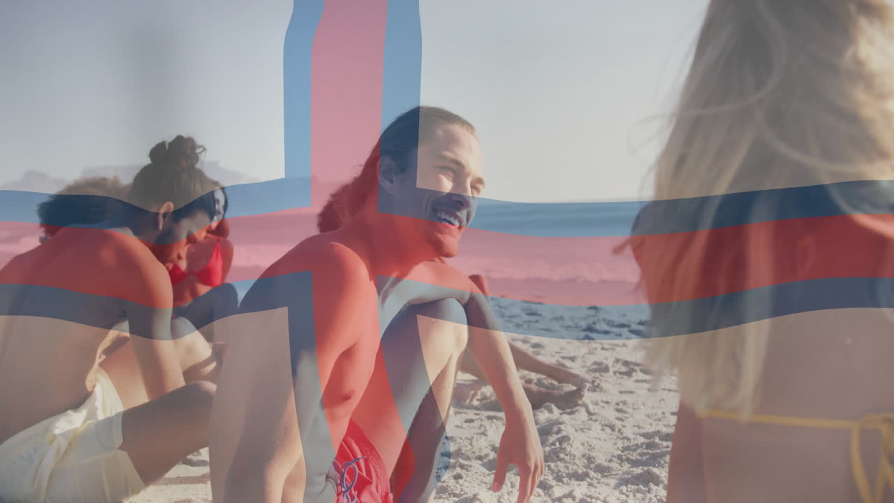 Relaxing on beach, people with transparent flag animation overlay in sunny weather