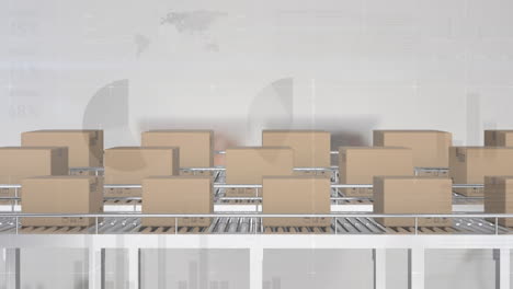 animation of statistical data processing over boxes on conveyer belt against grey background