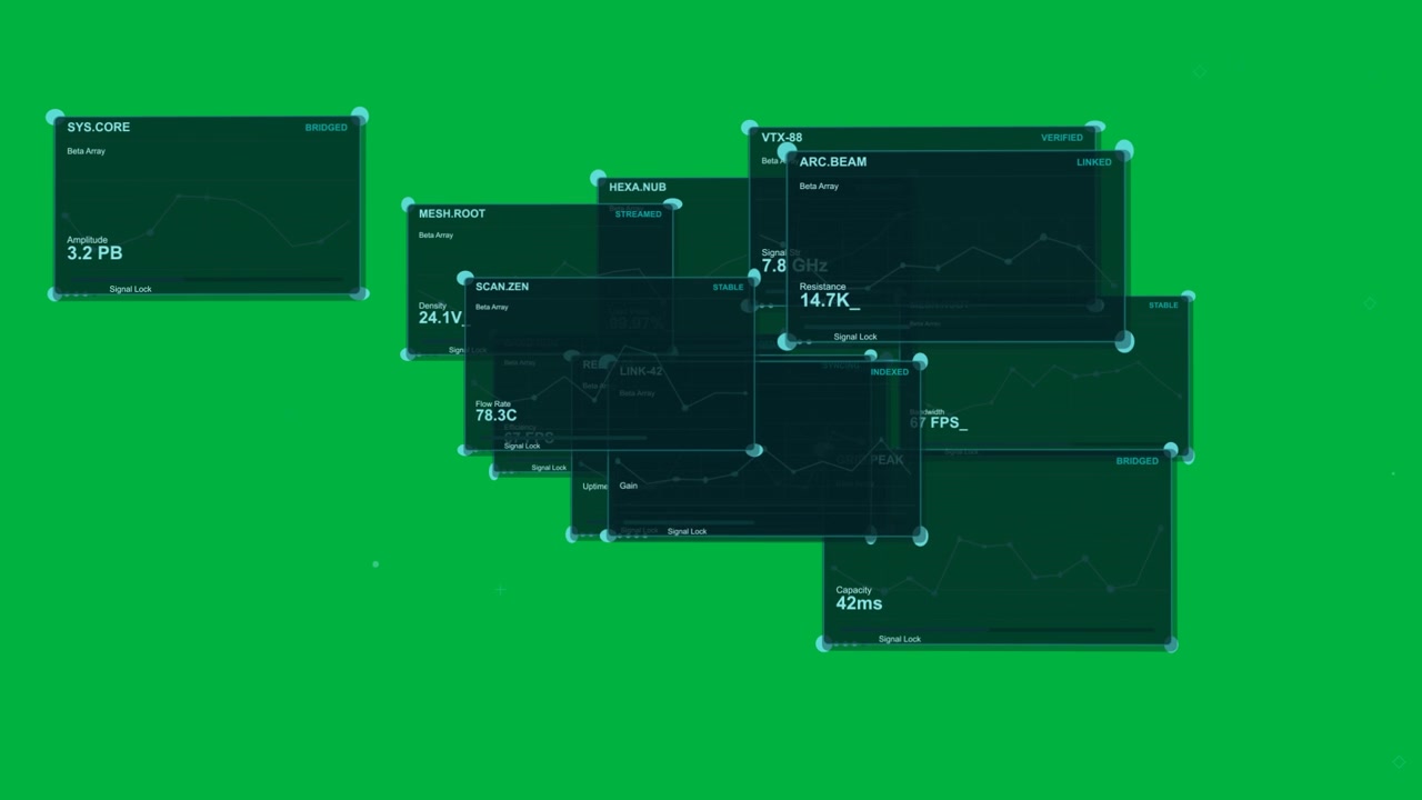 Un pannello HUD che appare, pannelli che si clonano, si impilano e si espandono, mostrando grafici di dati su vuoto trasparente.