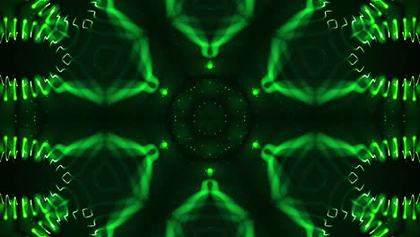 4k looped sci-fi 3d fondo con partículas verdes brillantes forman líneas, superficies, patrones, estructuras de caleidoscopio. abstracción estructuras de puntos simétricos de microworld en movimiento. 11