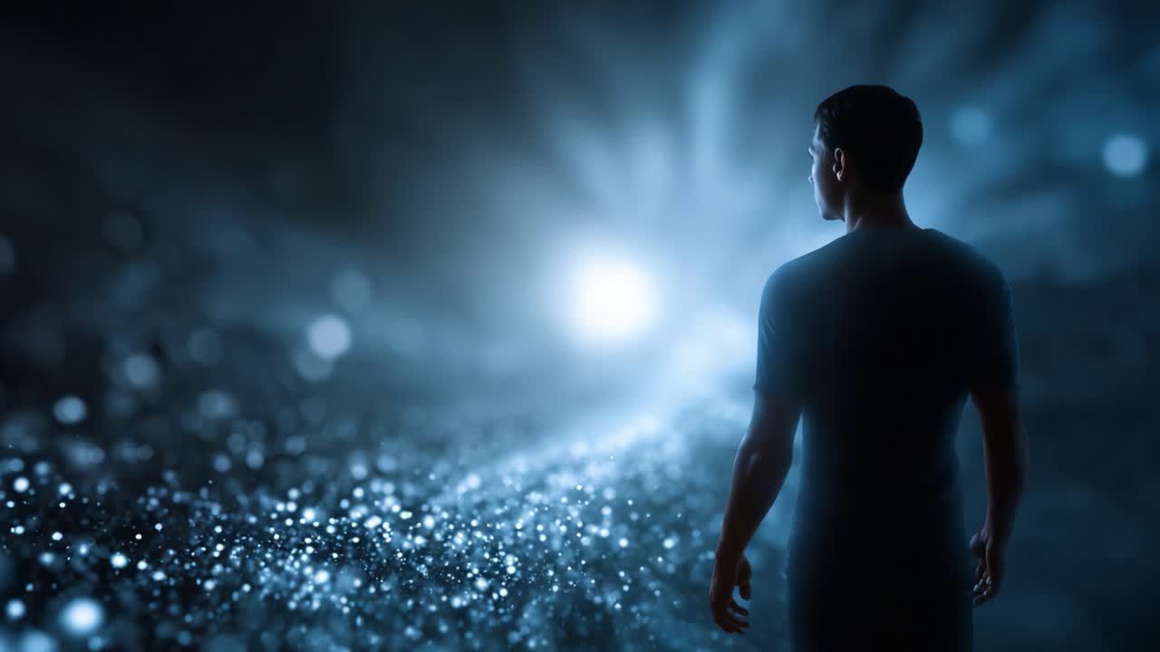A lone figure stands in a glowing, cosmic landscape, surrounded by swirling lights and particles, embodying a sense of wonder and exploration in the universe