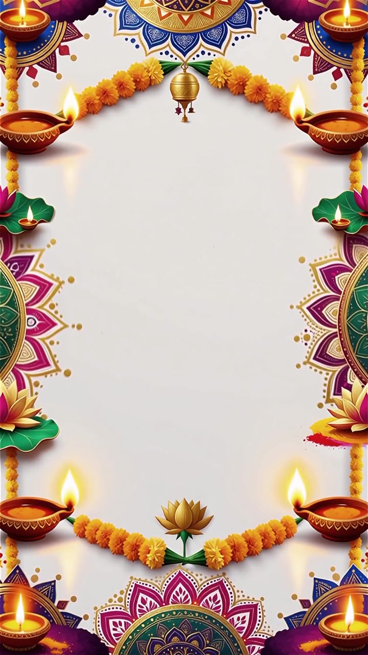 Sfondo Diwali con Diyas luminosi, Rangoli e fiori di loto