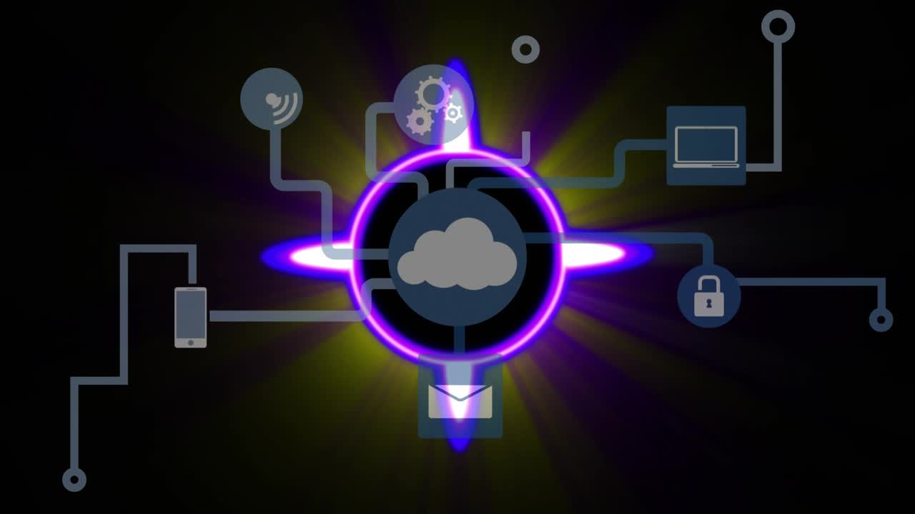 Anello al neon pulsante, nodo cloud centrale che rivela rami di rete, collegando i dispositivi al cloud.