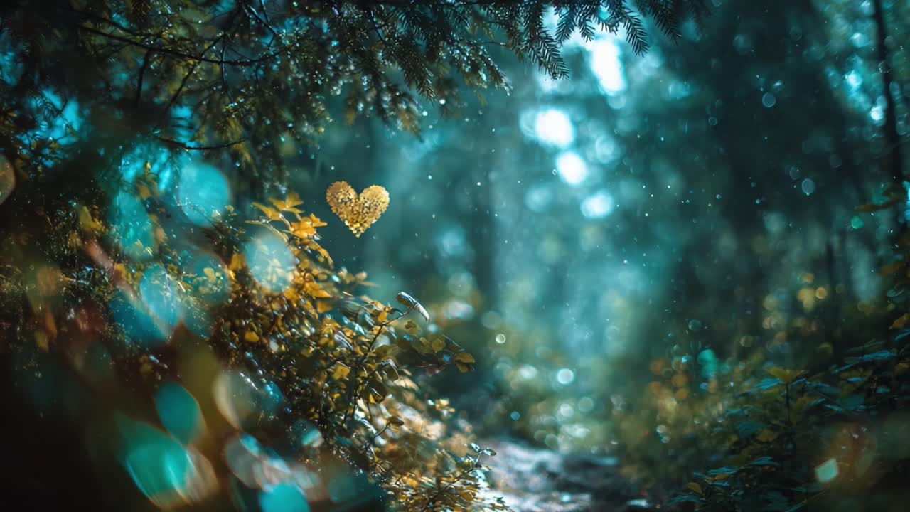 A Beautiful Heart-Shaped Leaf Display Illuminated by Soft Light in a Serene Forest Pathway Surrounded by Nature's Splendor