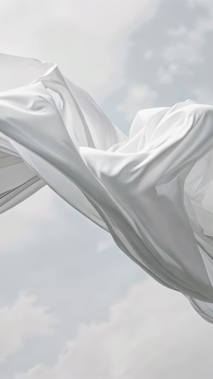 Vertical video: Flowing sheer white ribbon lifted by breeze, forming overlapping folds over sky
