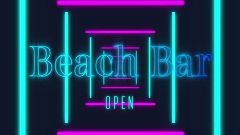 animation of beach bar open text over neon lines on black background