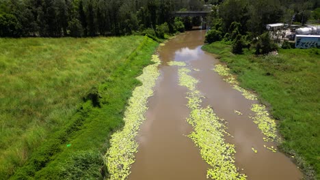 Aerial-over-flooded-creek-in-Worongary,-Gold-Coast,-Queensland,-Australia