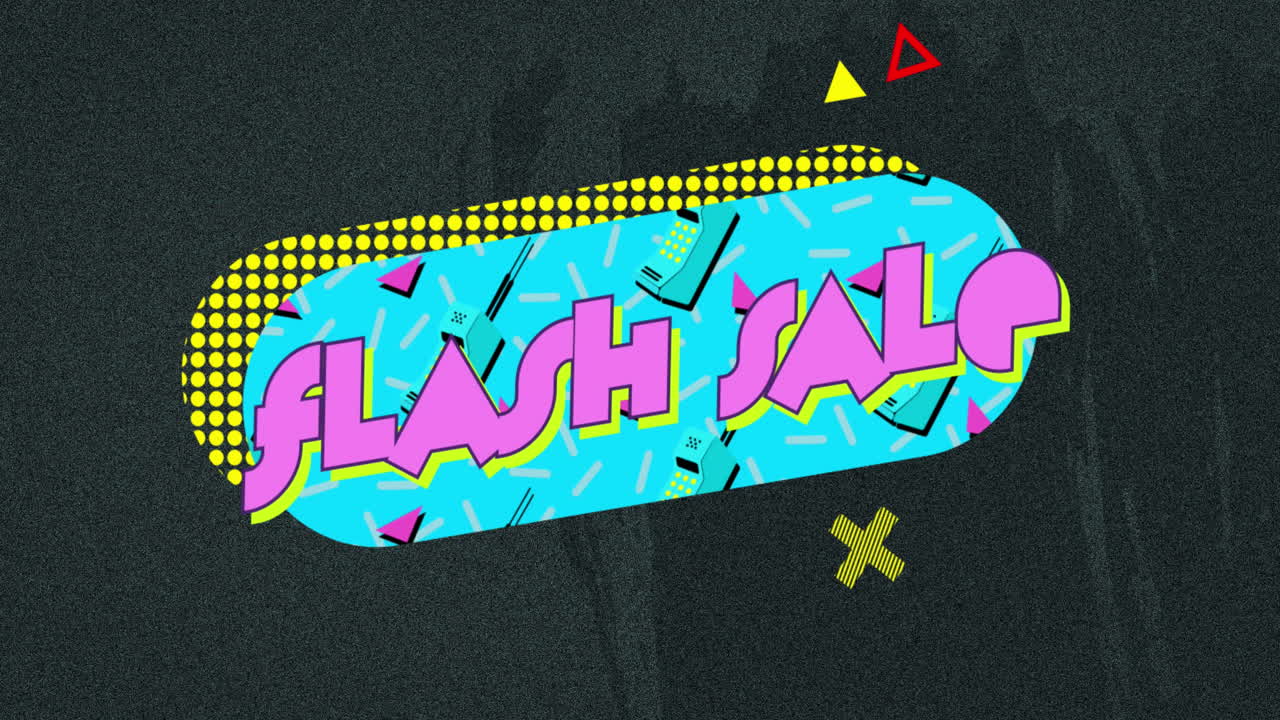 파란색 배너에 분홍색으로 플래시 판매 텍스트의 애니메이션 회색 배경에 추상적인 모양