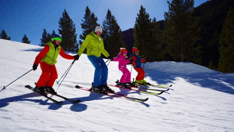 family skiing in the mountains