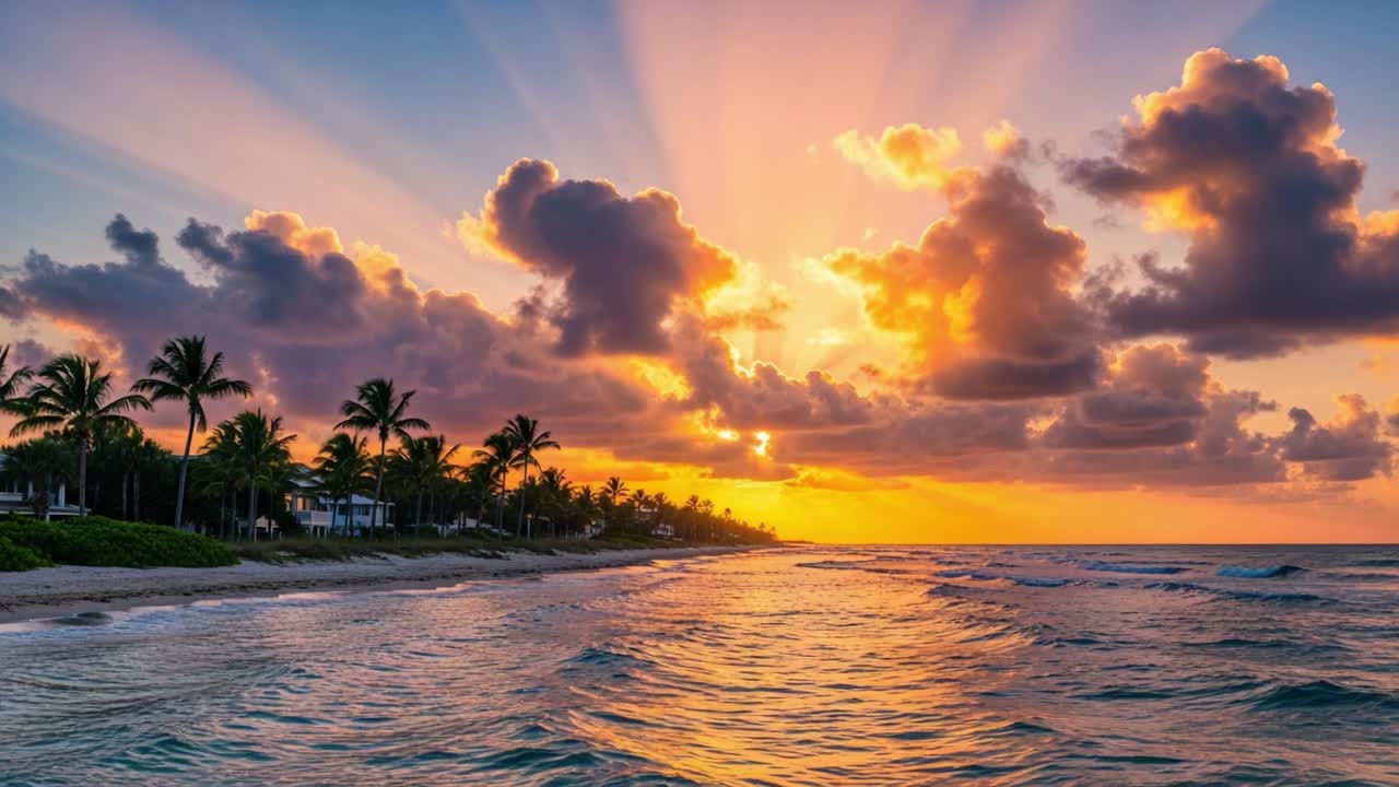 Um deslumbrante pôr-do-sol tropical na praia com palmeiras e ondas do oceano