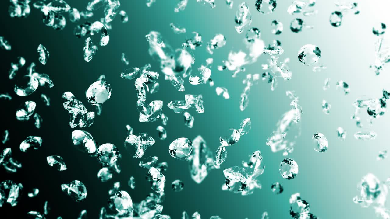 에메랄드 녹색 바탕에 많은 보석 다이아몬드를 날아. 투명하고 귀중한 보석을 빛니다. 화려한 다이애몬드 회전의 3d 애니메이션. 루프 애니메이션.